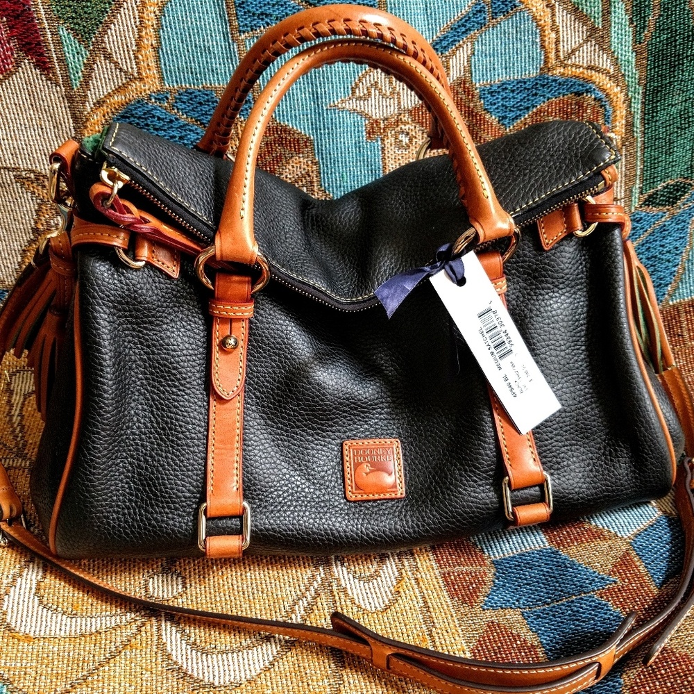 Dooney & Bourke Black and Tan Pebbled Leather Satchel